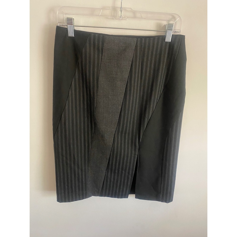 Black Gray Pinstripe Plaid Mixed Media Pencil Skirt Asymmetrical Patchwork